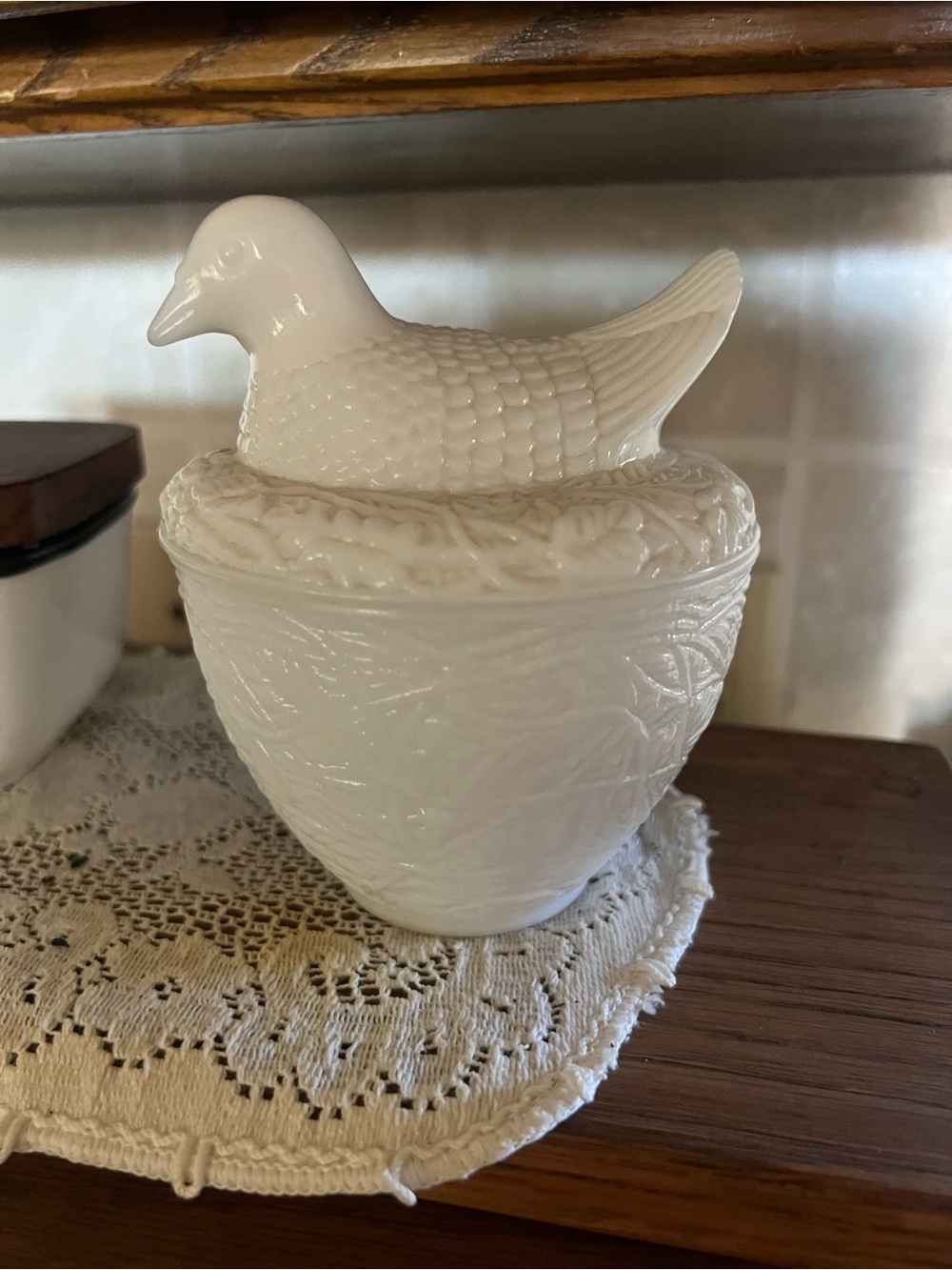 White Milk Glass Dove on a nest